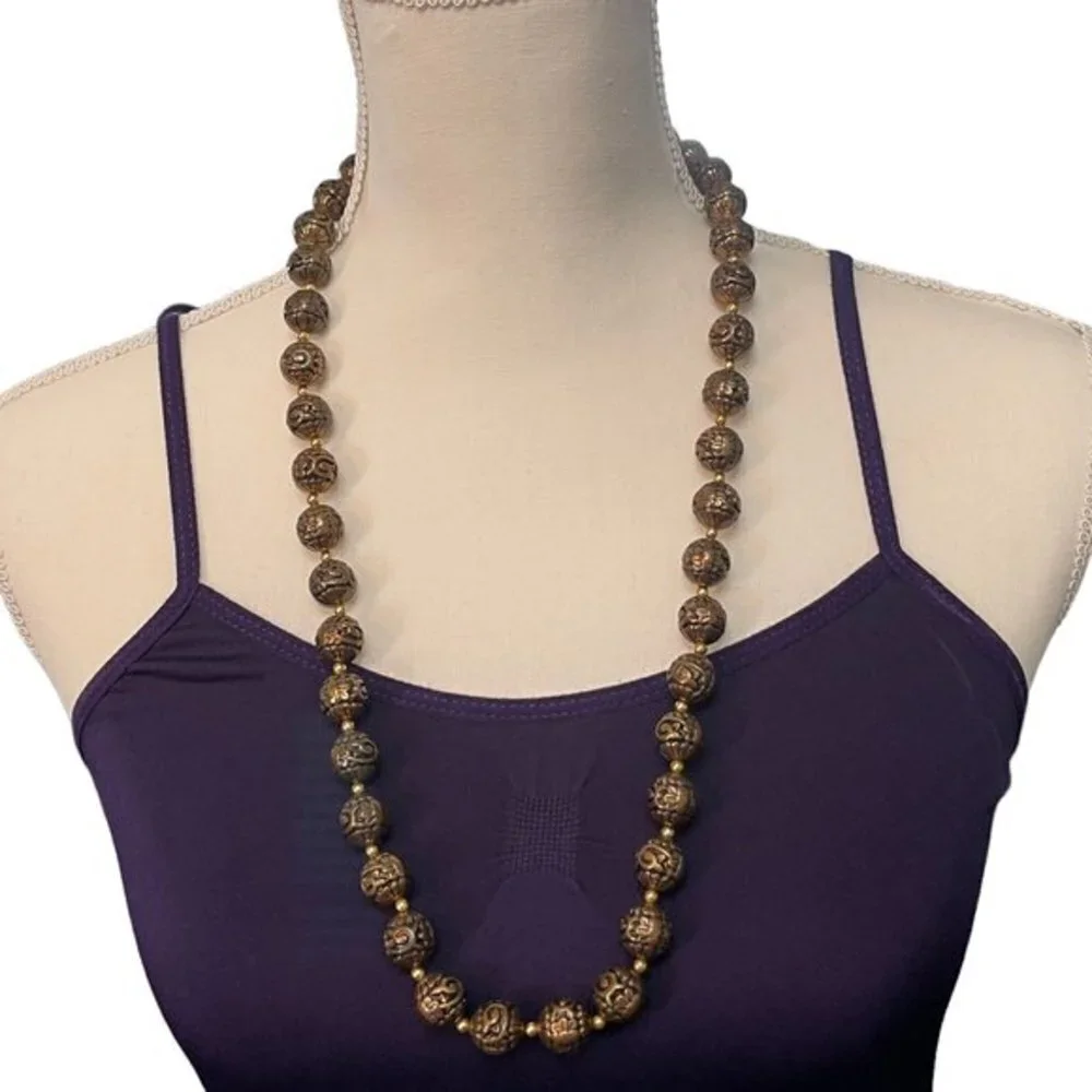 Rare Carved Bronze Beaded Necklace
